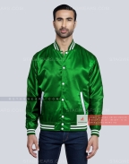 Kelly green satin varsity jacket Front