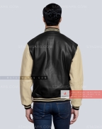 Leather Letterman Jacket with Black Body and Beige Sleeves Back