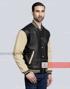 Leather Letterman Jacket with Black Body and Beige Sleeves Front Side
