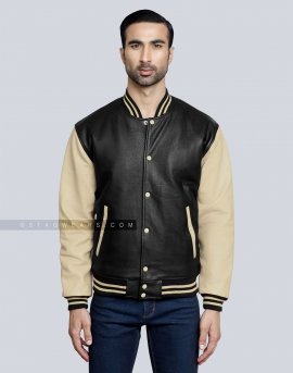 Leather Letterman Jacket with Black Body and Beige Sleeves