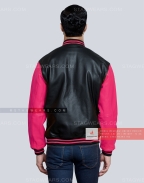 Leather Letterman Jacket with Black Body and Pink Sleeves Back