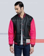 Leather Letterman Jacket with Black Body and Pink Sleeves Casual