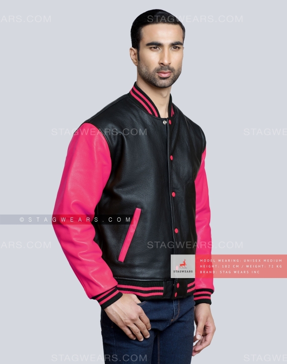 Leather Letterman Jacket with Black Body and Pink Sleeves Front Side