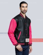 Leather Letterman Jacket with Black Body and Pink Sleeves Front Side