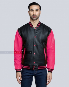 Leather Letterman Jacket with Black Body and Pink Sleeves