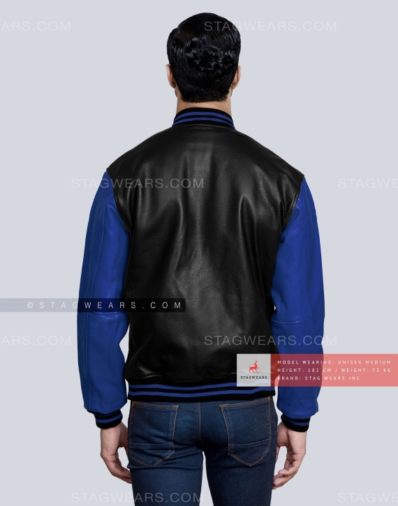 Leather Letterman Jacket with Black Body and Royal Blue Sleeves Back