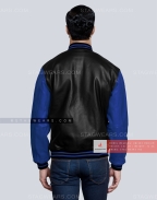 Leather Letterman Jacket with Black Body and Royal Blue Sleeves Back