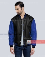 Leather Letterman Jacket with Black Body and Royal Blue Sleeves Casual