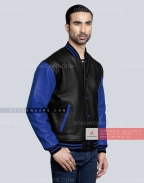 Leather Letterman Jacket with Black Body and Royal Blue Sleeves Front Side