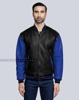 Leather Letterman Jacket with Black Body and Royal Blue Sleeves