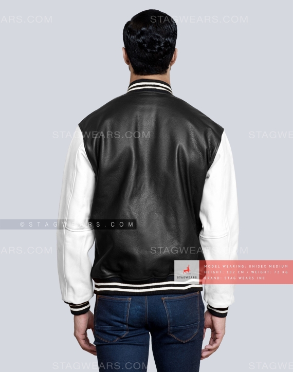 Leather Varsity Jacket with Black Body & White Sleeves Back