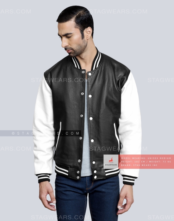 Leather Varsity Jacket with Black Body & White Sleeves Casual