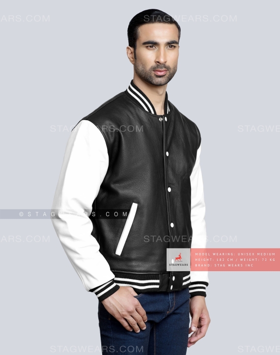 Leather Varsity Jacket with Black Body & White Sleeves Front Side