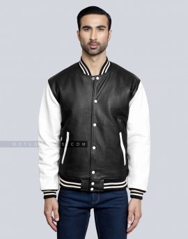 Leather Varsity Jacket with Black Body & White Sleeves