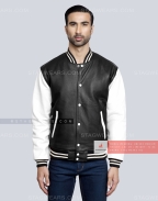 Leather Varsity Jacket with Black Body & White Sleeves Front