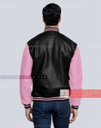 Leather Varsity Jacket with Black Body and Baby Pink Sleeves Back