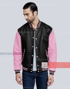Leather Varsity Jacket with Black Body and Baby Pink Sleeves Casual