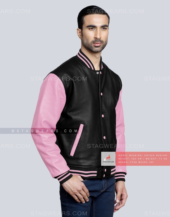 Leather Varsity Jacket with Black Body and Baby Pink Sleeves Front Side