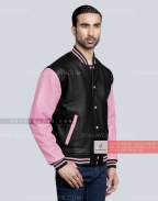 Leather Varsity Jacket with Black Body and Baby Pink Sleeves Front Side