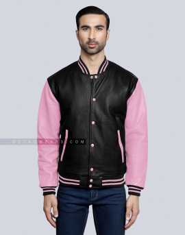 Leather Varsity Jacket with Black Body and Baby Pink Sleeves