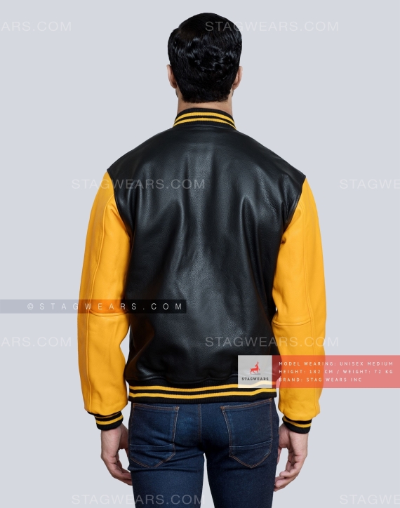 Leather Varsity Jacket with Black Body and Gold Sleeves Back