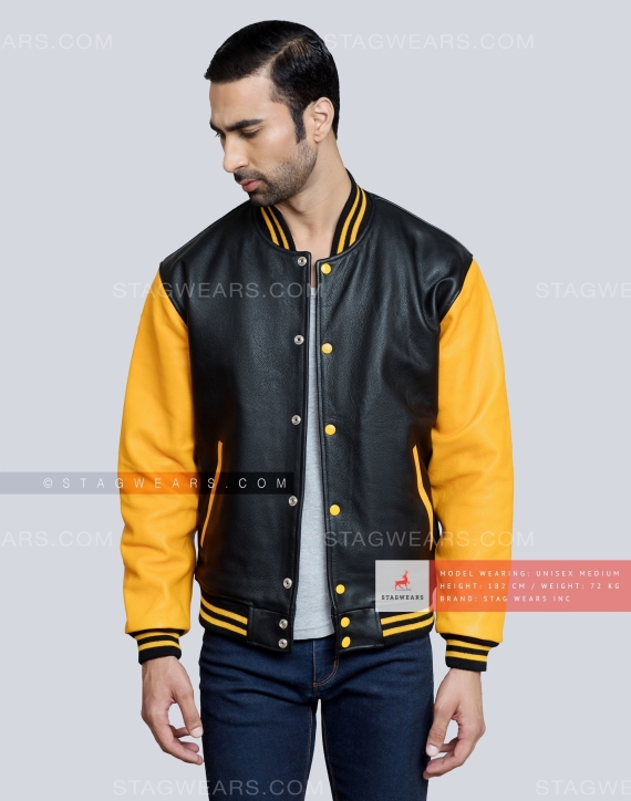 Leather Varsity Jacket with Black Body and Gold Sleeves Casual