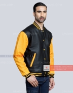 Leather Varsity Jacket with Black Body and Gold Sleeves Front Side