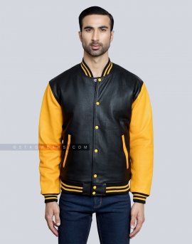 Leather Varsity Jacket with Black Body and Gold Sleeves