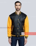 Leather Varsity Jacket with Black Body and Gold Sleeves Front