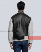 Leather Varsity Jacket with Black Body and Light Grey Sleeves Back