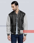 Leather Varsity Jacket with Black Body and Light Grey Sleeves Casual