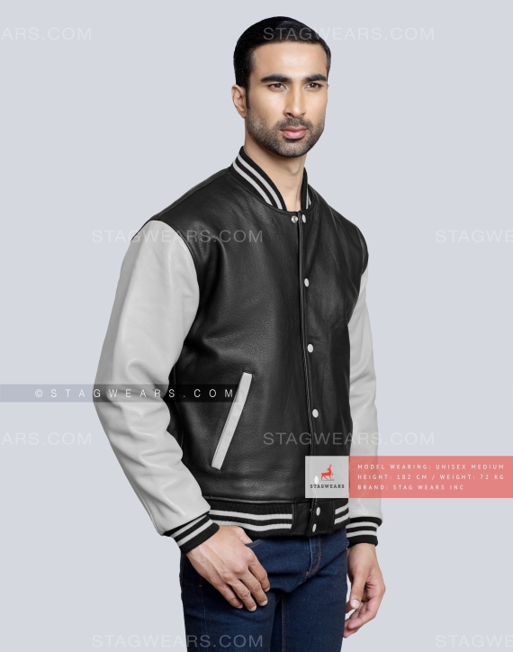 Leather Varsity Jacket with Black Body and Light Grey Sleeves Front Side