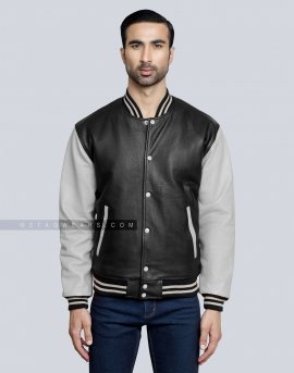 Leather Varsity Jacket with Black Body and Light Grey Sleeves