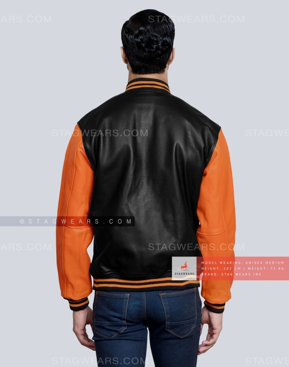 Leather Varsity Jacket with Black Body and Orange Sleeves Back