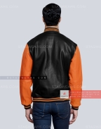 Leather Varsity Jacket with Black Body and Orange Sleeves Back