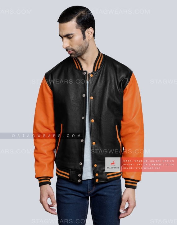 Leather Varsity Jacket with Black Body and Orange Sleeves Casual