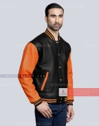 Leather Varsity Jacket with Black Body and Orange Sleeves Front Side
