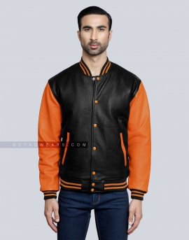 Leather Varsity Jacket with Black Body and Orange Sleeves