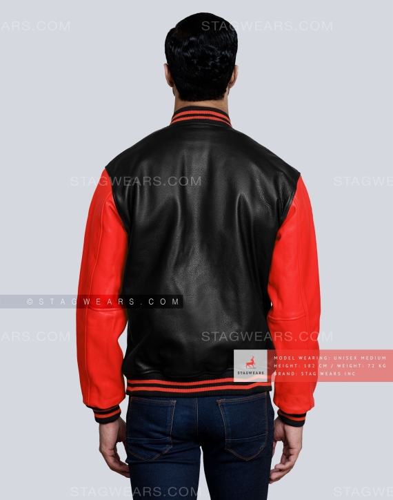 Leather Varsity Jacket with Black Body and Red Sleeves Back