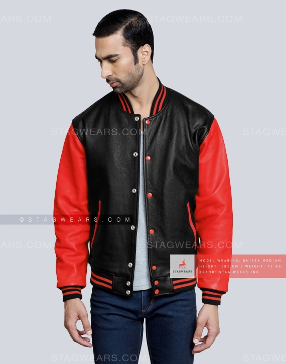 Leather Varsity Jacket with Black Body and Red Sleeves Casual