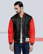 Leather Varsity Jacket with Black Body and Red Sleeves Casual