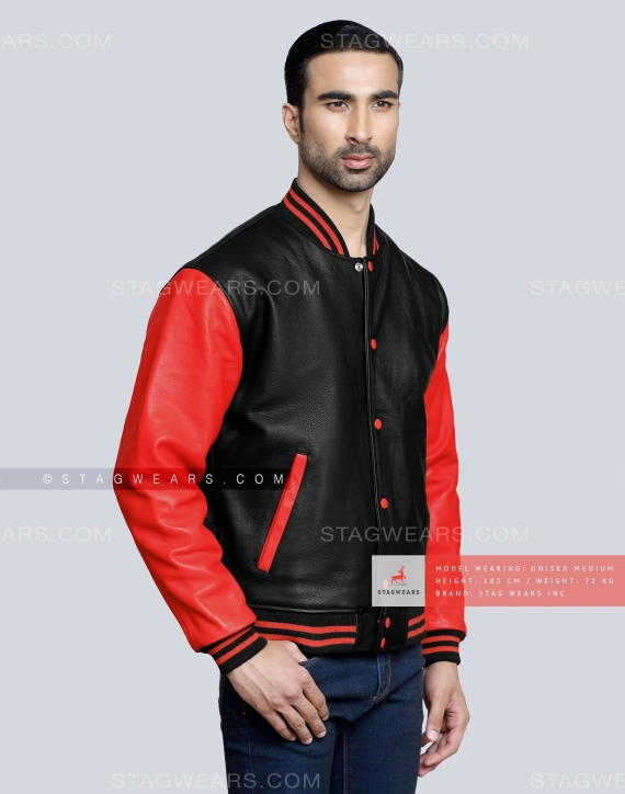 Leather Varsity Jacket with Black Body and Red Sleeves Front Side