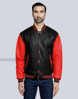 Leather Varsity Jacket with Black Body and Red Sleeves