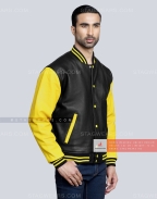 Leather Varsity Jacket with Black Body and Yellow Sleeves Front Side