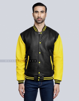 Leather Varsity Jacket with Black Body and Yellow Sleeves