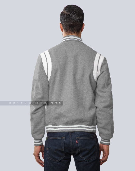 Light Grey Wool Letterman Jacket with White Leather Shoulder Insert Back