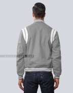 Light Grey Wool Letterman Jacket with White Leather Shoulder Insert Back