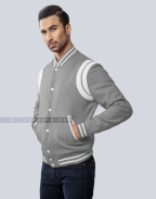 Light Grey Wool Letterman Jacket with White Leather Shoulder Insert Front Side