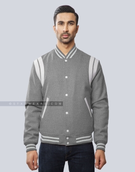 Light Grey Wool Letterman Jacket with White Leather Shoulder Insert