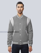 Light Grey Wool Letterman Jacket with White Leather Shoulder Insert Front